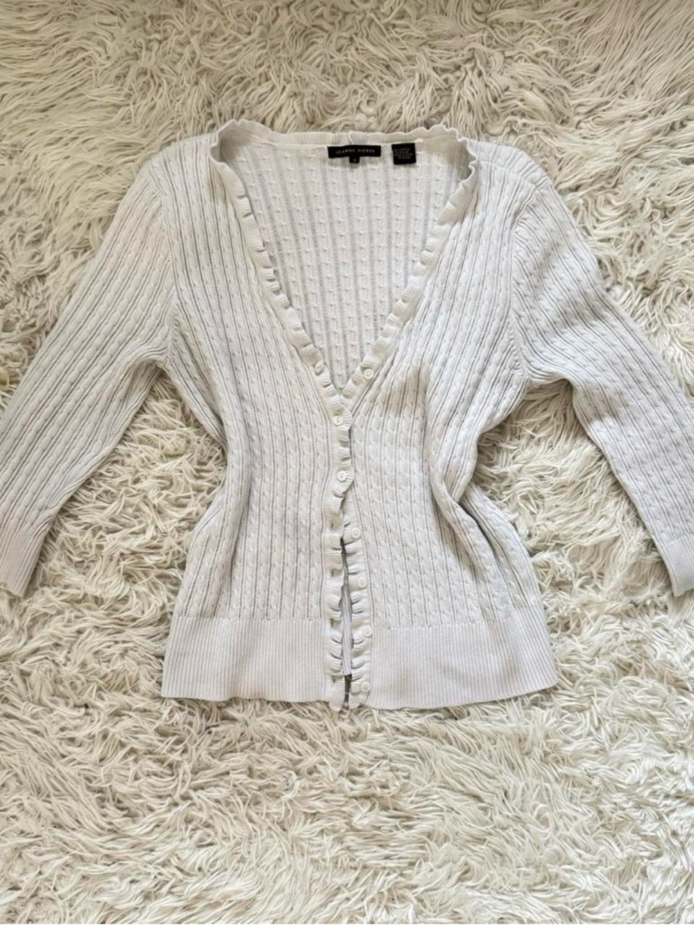 JEANNE PIERRE Cream Ruffle-Trim Button Cardigan